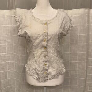 Vintage Eber San Francisco White Eyelet Lace Ruffle Button Up Blouse Top